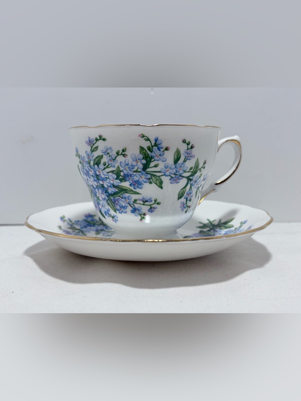 Vintage “Forget Me Not” Queen Anne Bone China Made In England Teacup & Saucer